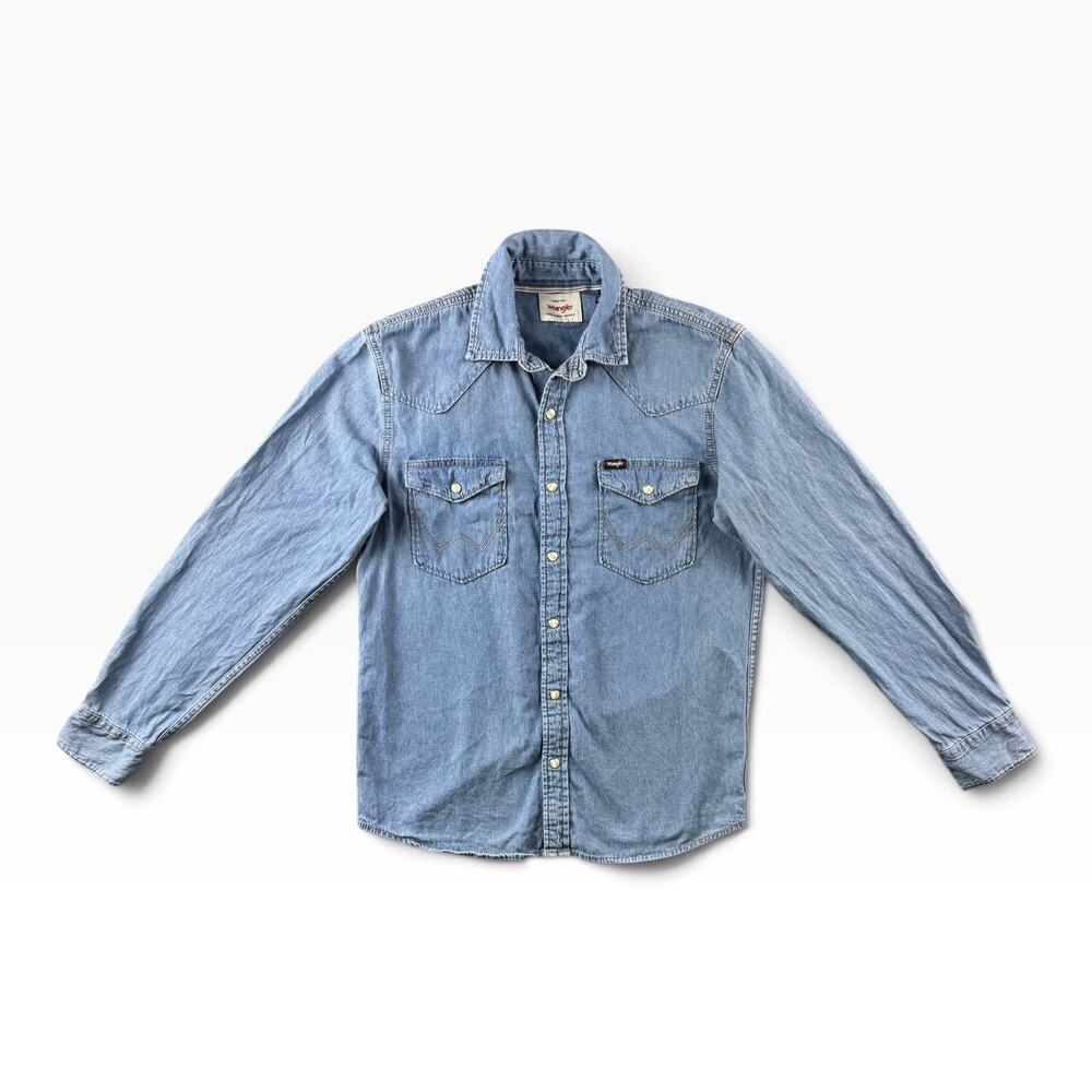 Wrangler Denim Pearl Snap Shirt Mens Medium Blue Light Wash Western Cowboy Retro